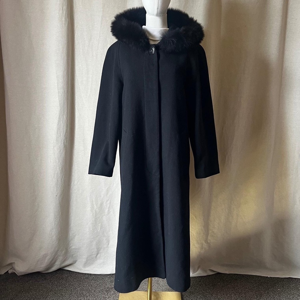 Vintage Black Wool Cashmere Coat Fox Fur Hood Long Minimalist Coat 10P